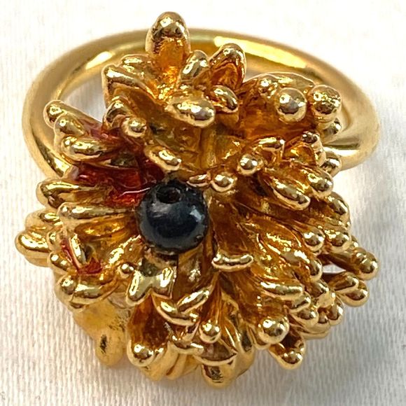 Gold Tone Brutalist Ring With Tiny Single Black Olive Stone Adjustable - Picture 5 of 9